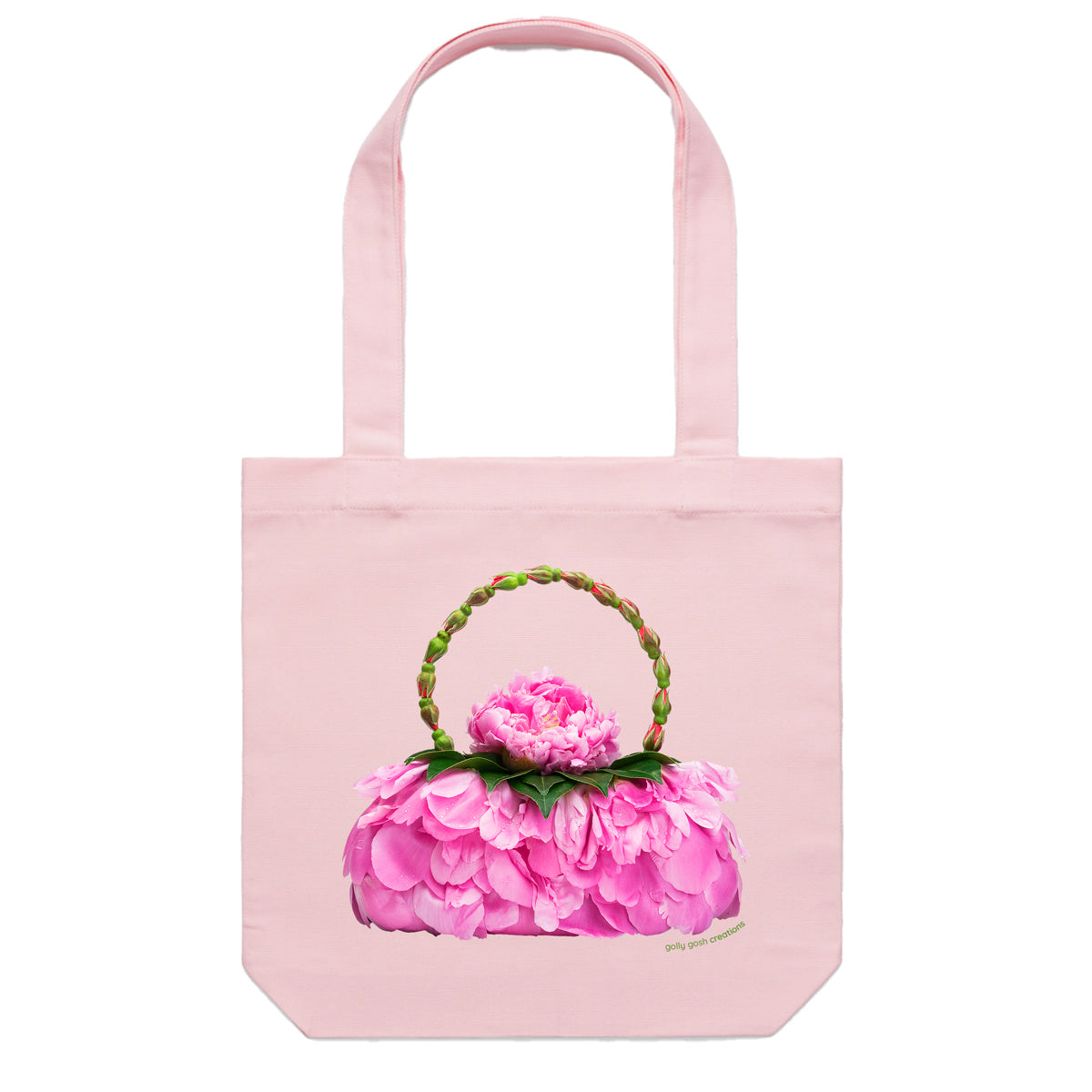 A cotton canvas tote bag from Golly Gosh Creations. Featuring a peony petal bag. Handcrafted from luscious pink peony petals. Colour pink.
