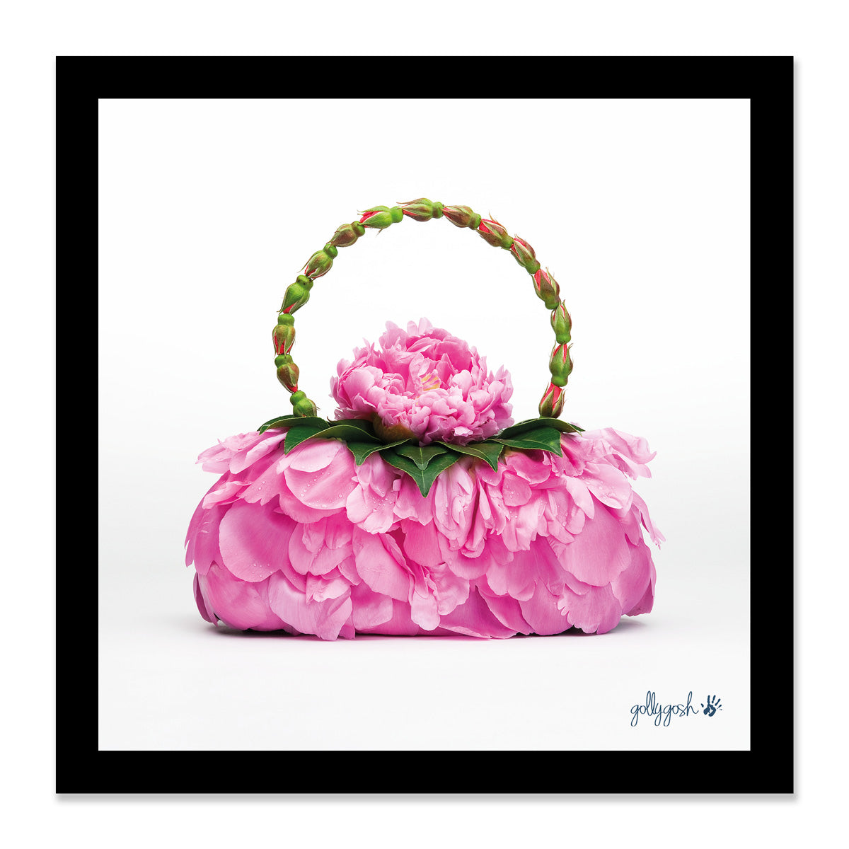 Mock up of a framed peony petal bag fine art print from Golly Gosh Creations. Available in three sizes ready for framing.