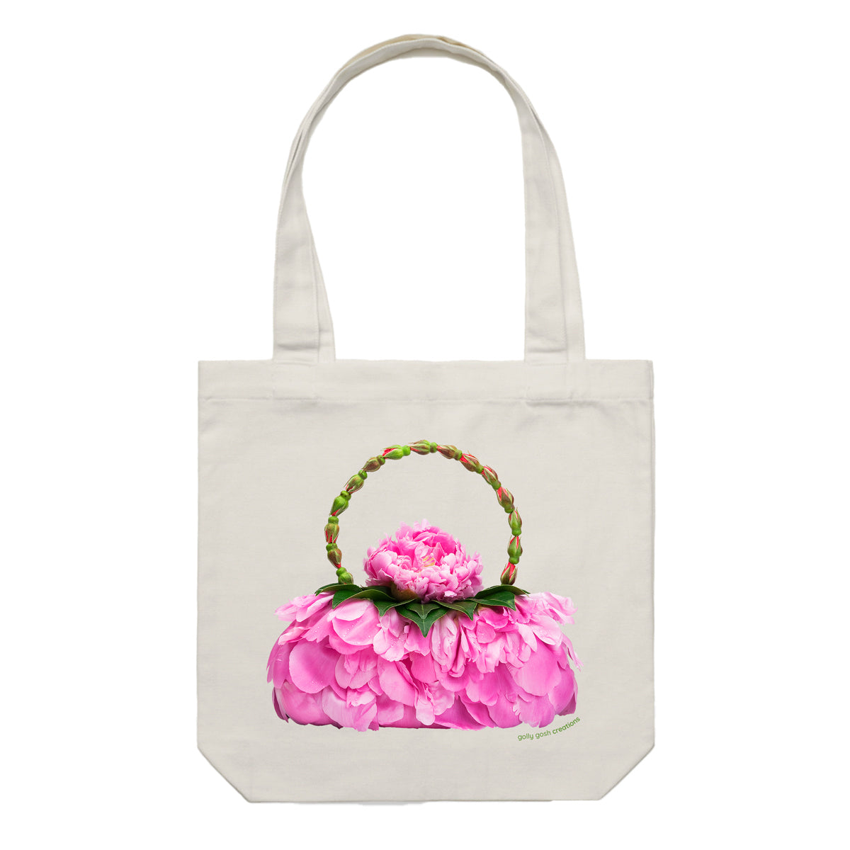 A cotton canvas tote bag from Golly Gosh Creations. Featuring a peony petal bag. Handcrafted from luscious pink peony petals. Colour cream.
