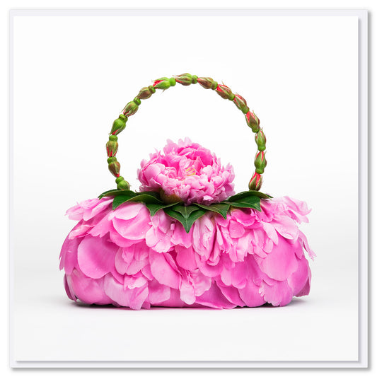 A stunning peony petal bag greeting card from Golly Gosh Creations. This generous square card radiates elegance with it's vibrant pink peony petals.