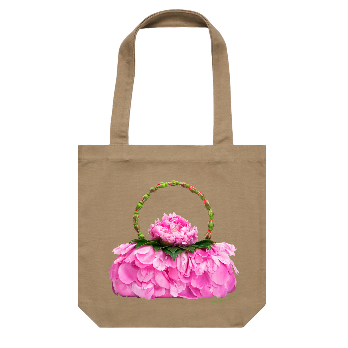 A cotton canvas tote bag from Golly Gosh Creations. Featuring a peony petal bag. Handcrafted from luscious pink peony petals. Colour khaki.
