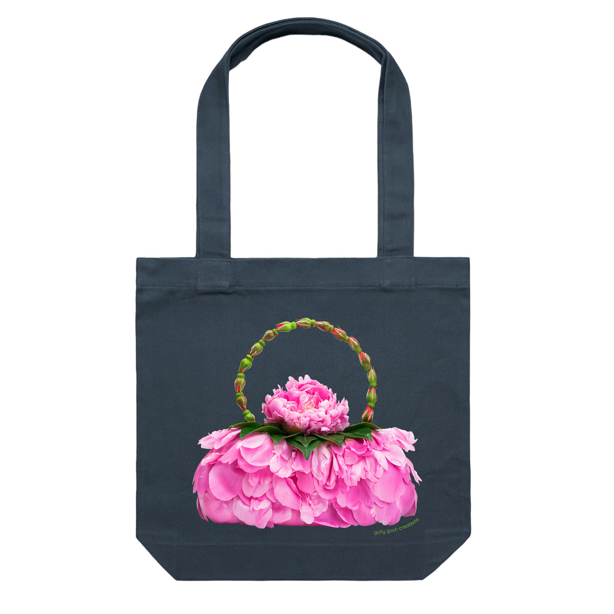 A cotton canvas tote bag from Golly Gosh Creations. Featuring a peony petal bag. Handcrafted from luscious pink peony petals. Colour dark blue.