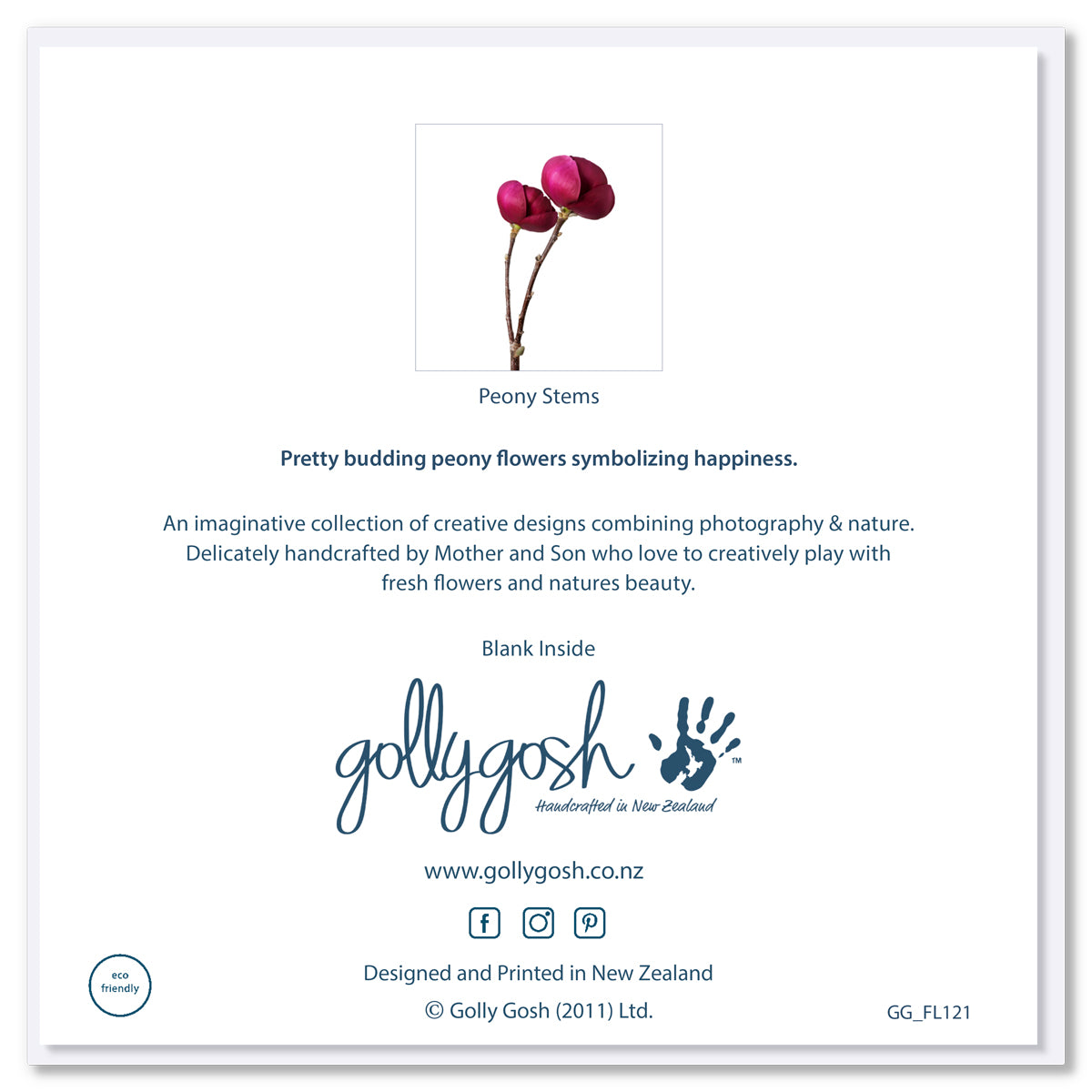 Back of a peony stems greeting card from Golly Gosh Creations. A quality square card with luscious deep pink peony stems.