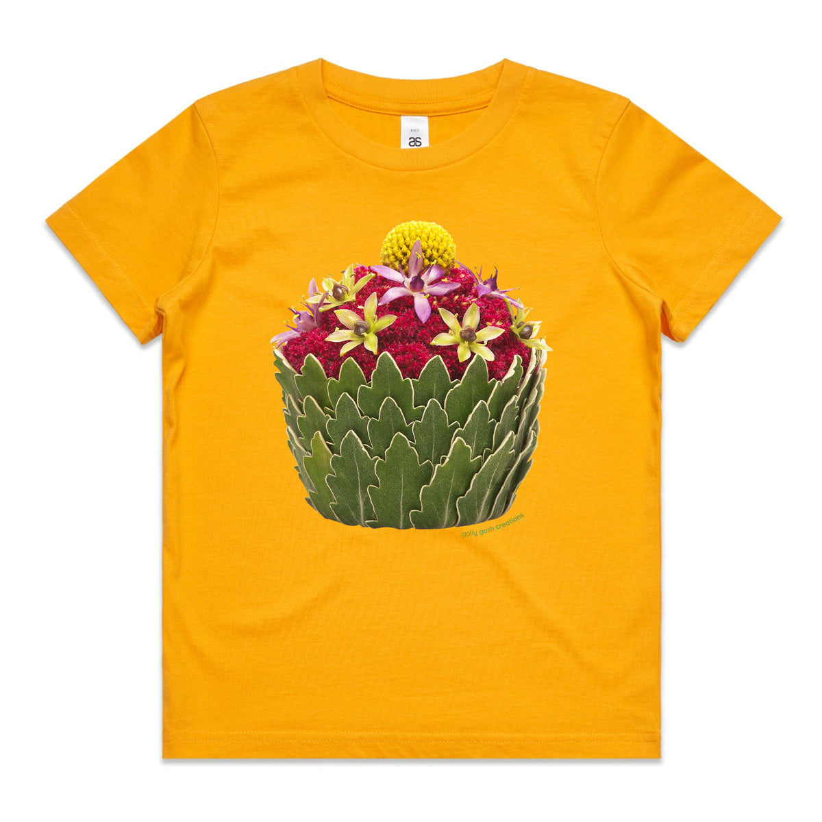 A pineapple cupcake yellow kids tee shirt by Golly Gosh Creations. Size 2 - 16 years. Created from dainty pineapple flowers and pretty leaves. Quality cotton.