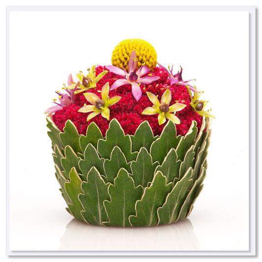 A pineapple cupcake greeting card from Golly Gosh Creations. This generous square card is created from dainty pineapple flowers and pretty green leaves.