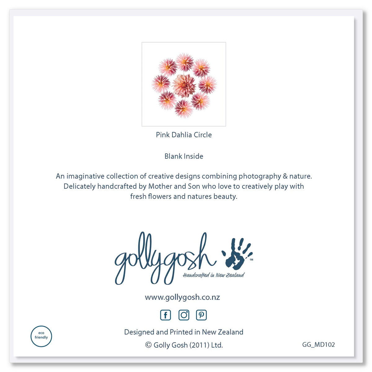 Back of a pink dahlia circle greeting card from Golly Gosh Creations. A wonderful circle of breathtaking soft pink dahlias. Size 142 x 142 mm.