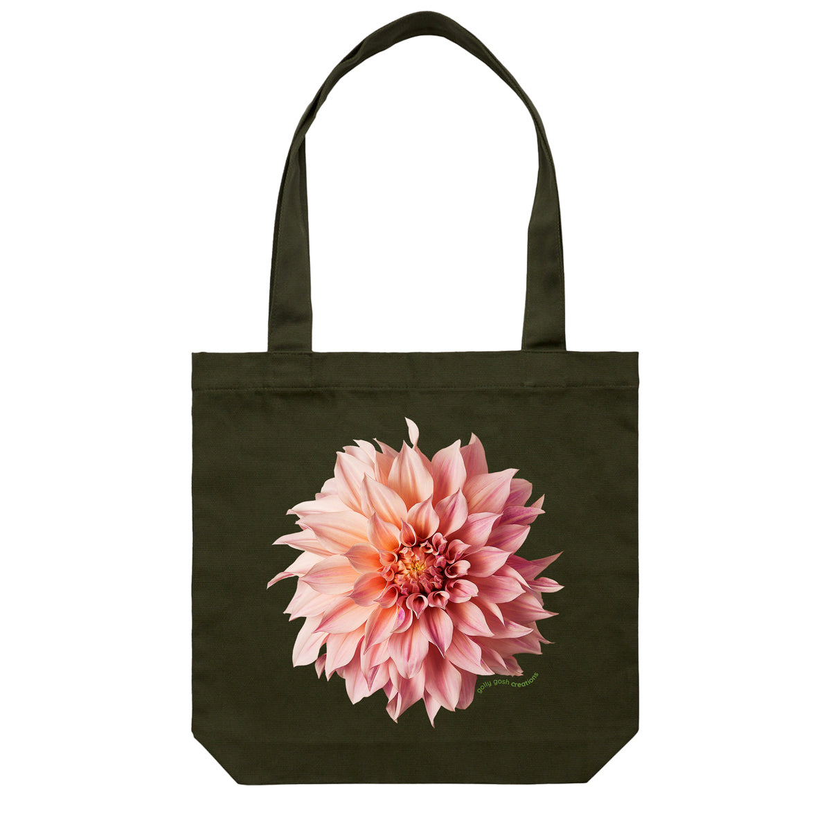 A quality cotton canvas tote bag from Golly Gosh Creations. Featuring a stunning pink dahlia flower. Colour dark green.