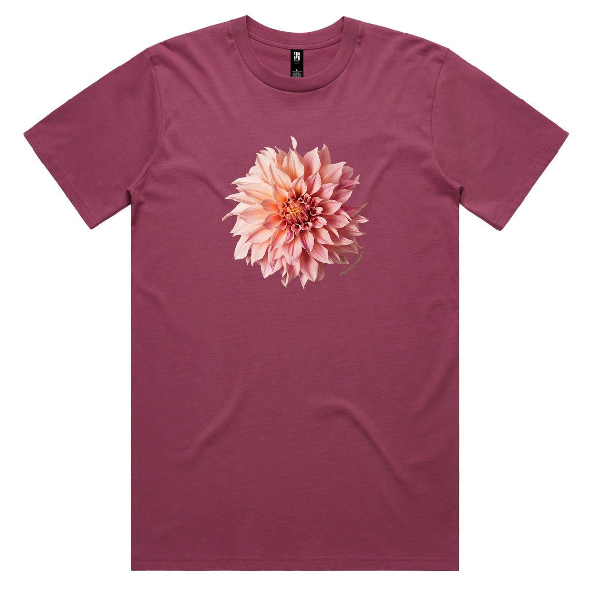 A berry coloured men's tee shirt from Golly Gosh Creations. Featuring a stunning pink dahlia flower. Sizes S - 5XL. Quality cotton.