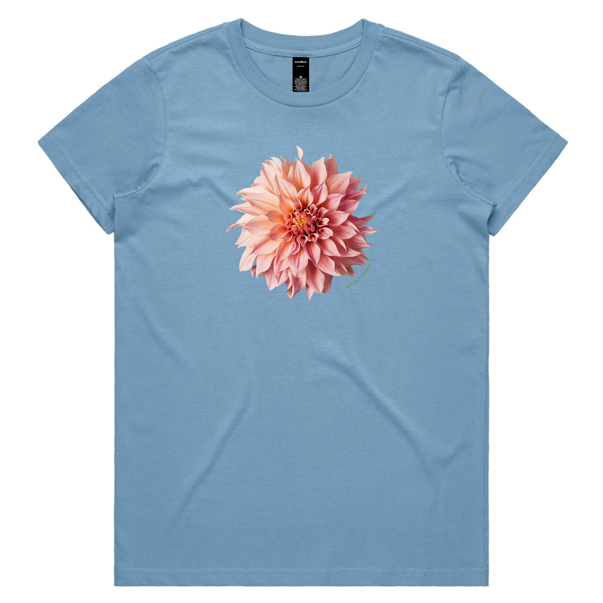 A soft blue woman's tee shirt from Golly Gosh Creations. Featuring a stunning pink dahlia flower. Sizes XS - 2XL. Quality cotton.