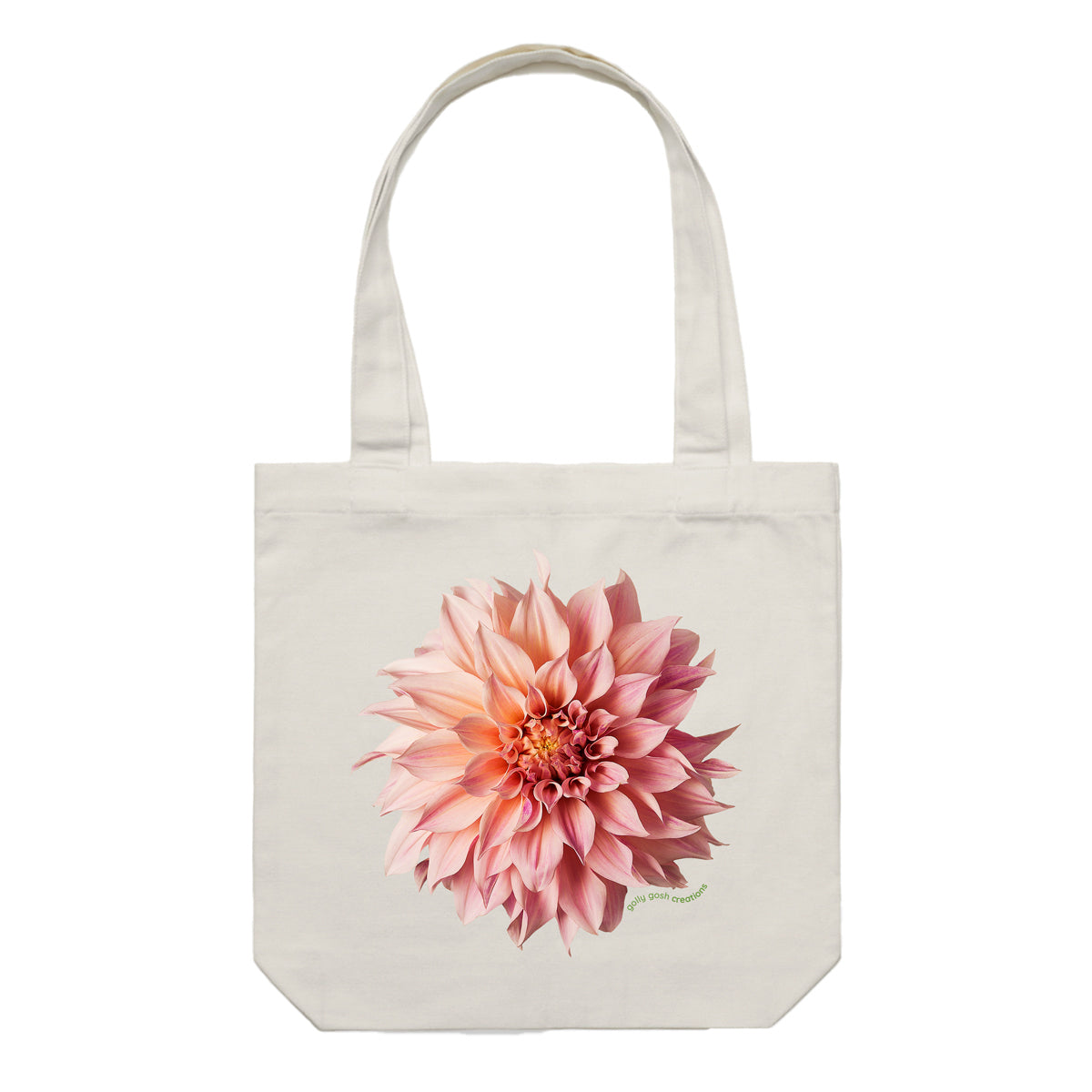 A quality cotton canvas tote bag from Golly Gosh Creations. Featuring a stunning pink dahlia flower. Colour cream.
