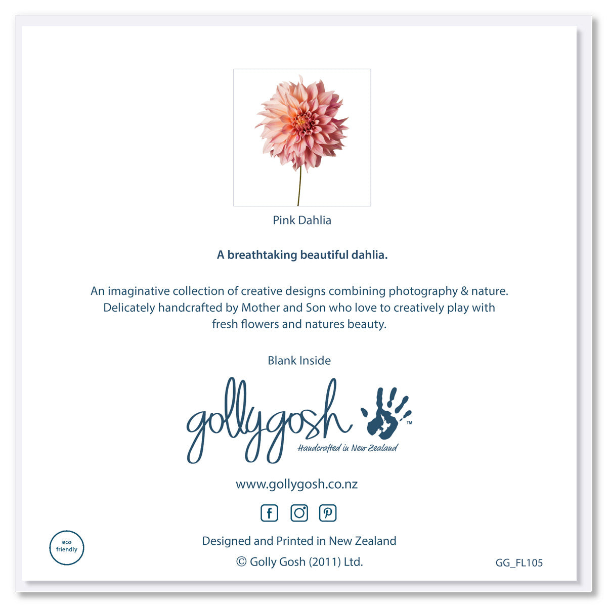 Back of a pink dahlia flower card from Golly Gosh Creations. Sie 142 x142 mm. This elegant card has a a soft pink dahlia flower on a white background.