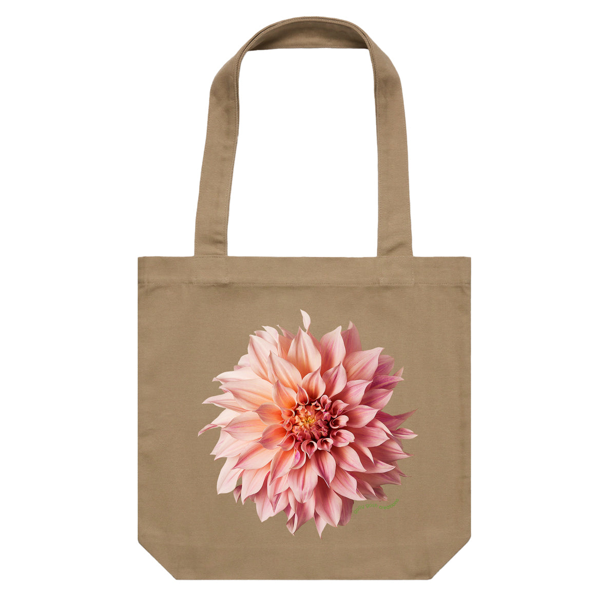 A quality cotton canvas tote bag from Golly Gosh Creations. Featuring a stunning pink dahlia flower. Colour khaki.