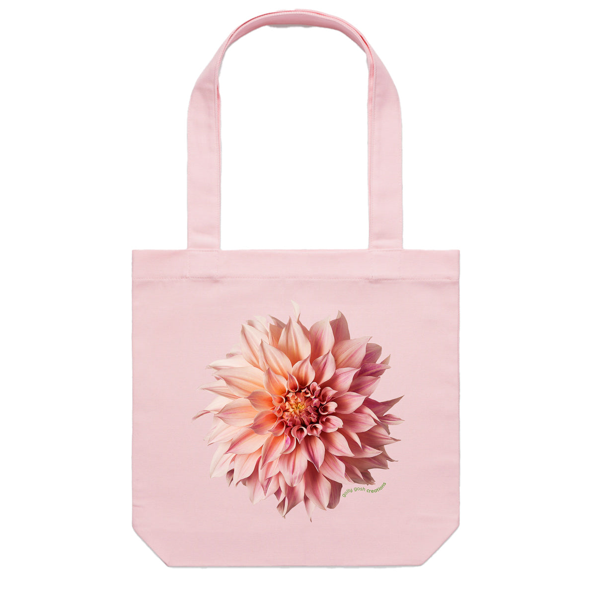 A quality cotton canvas tote bag from Golly Gosh Creations. Featuring a stunning pink dahlia flower. Colour pink.