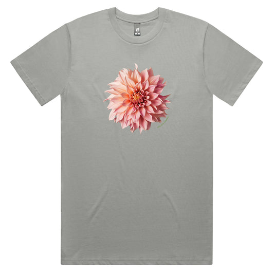 A quality grey cotton men's tee shirt from Golly Gosh Creations. Featuring a stunning pink dahlia flower. Sizes S - 5XL.
