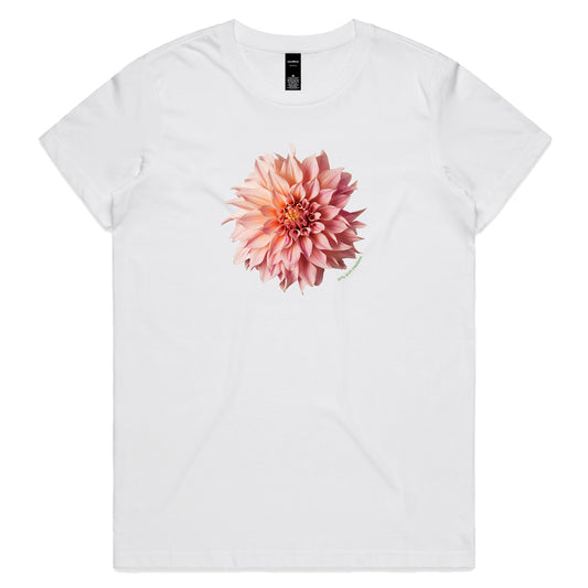 A quality white cotton woman's tee shirt from Golly Gosh Creations. Featuring a stunning pink dahlia flower. Sizes XS - 2XL.