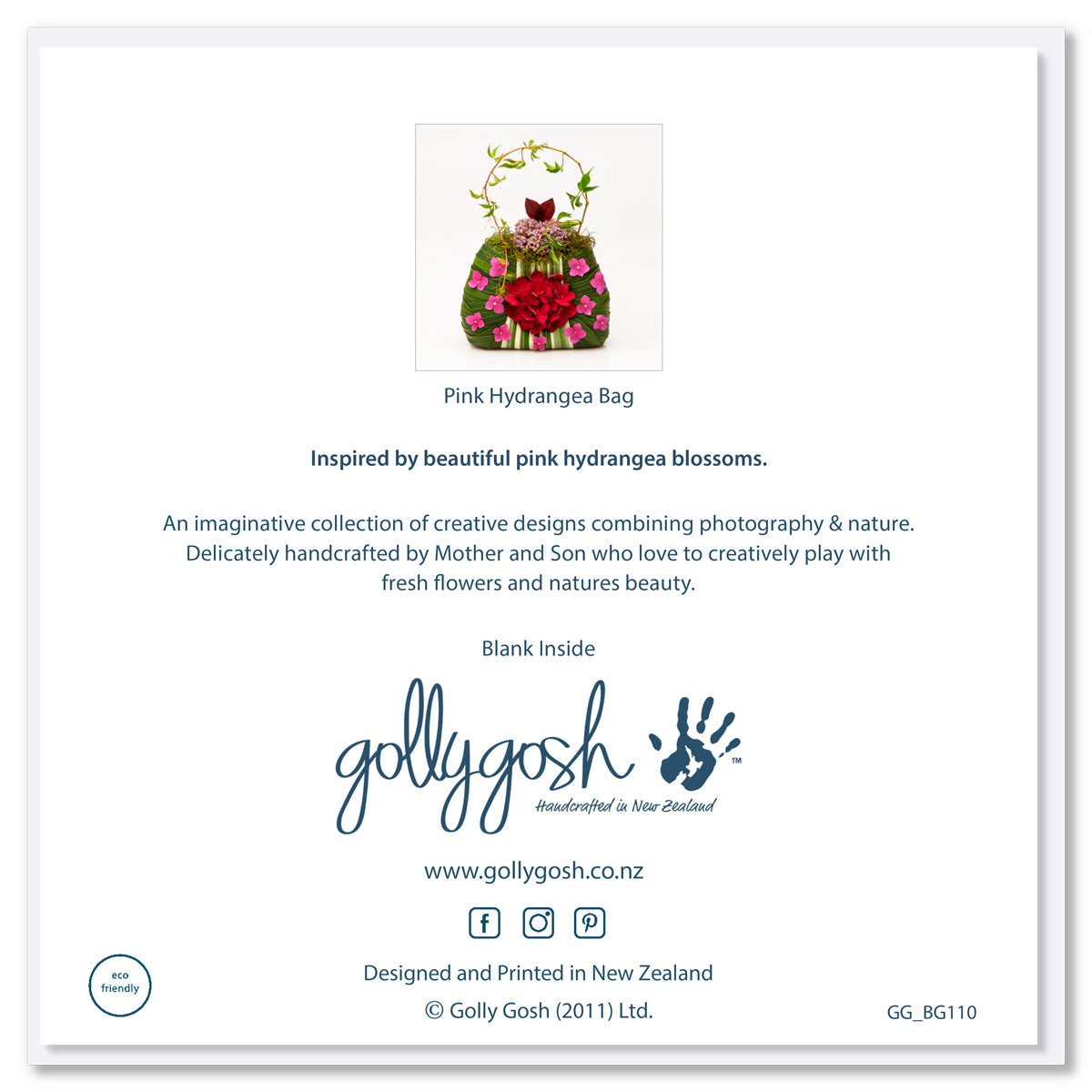 Back cover of a pink hydrangea bag greeting card from Golly Gosh Creations. Size 142 x 142 mm. This pretty card is adorned with dainty pink hydrangeas.