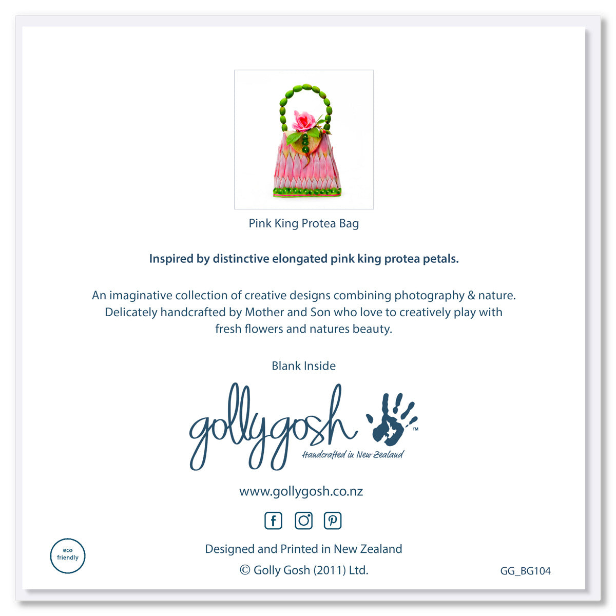 Back of a pink king protea bag from Golly Gosh Creations. This generous square card is crafted from elongated pink king protea petals.