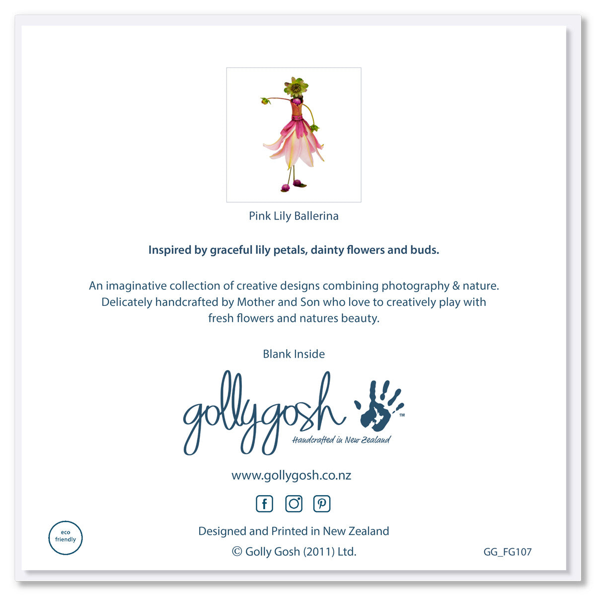 Back cover of a pink lily ballerina greeting card from Golly Gosh Creations. Size 142 x 142 mm. Crafted from delicate lily petals, blooms and buds.