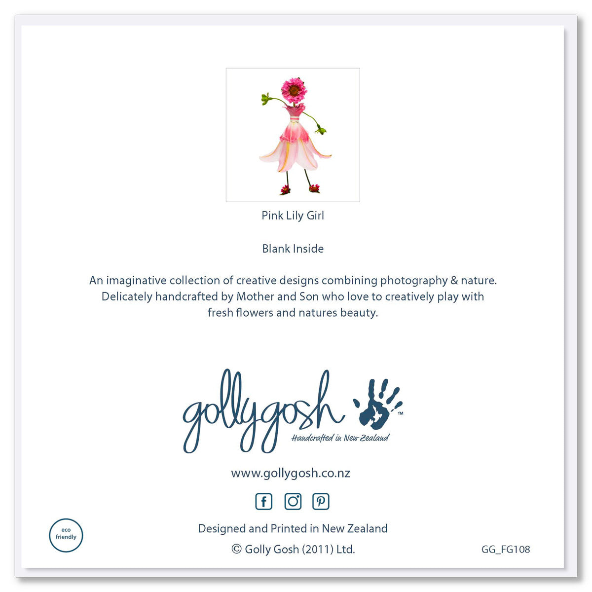 Back of a pink lily girl greeting card from Golly Gosh Creations. Size 142 x 142 mm. Created from delicate lily petals and dainty flowers.