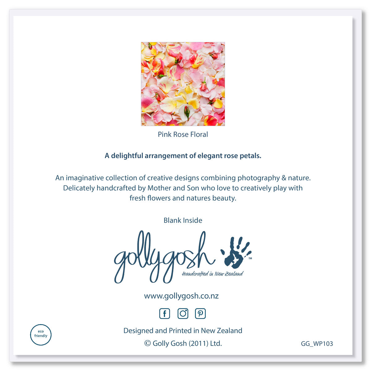 Back of a pink rose petal greeting card from Golly Gosh Creations. Size 142 x 142 mm. A beautiful arrangement of pretty pink rose petals and buds.