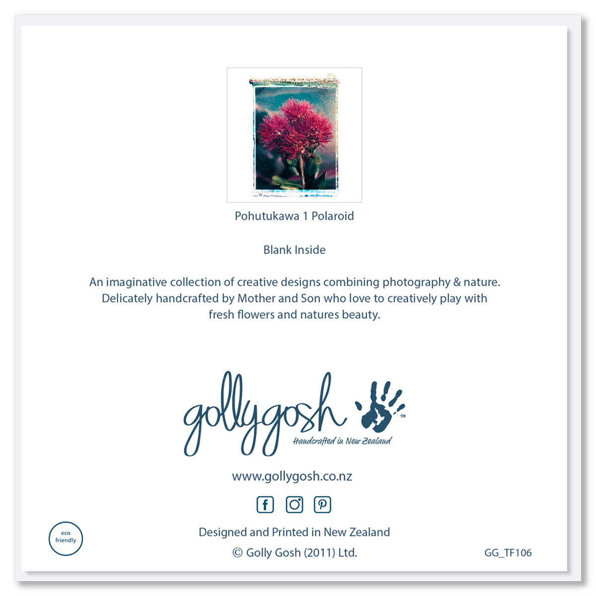 Back of Golly Gosh Pohutukawa Polaroid greeting card displaying product image with artistic transfer edges, blank inside note, description of handcrafted Mother and Son collection, branding, website and social details, and eco-friendly certification.