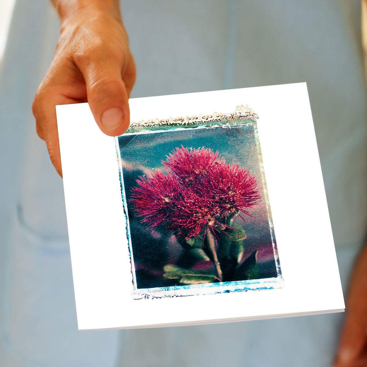 Hand displaying artistic pohutukawa Christmas card with vivid red blooms and characteristic rough Polaroid transfer edges.