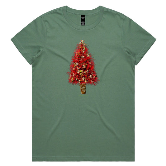 A Christmas pohutukawa tree sage woman's tee shirt from Golly Gosh Creations. Sizes XS - 2XL. Created from the iconic NZ tree. Quality cotton.