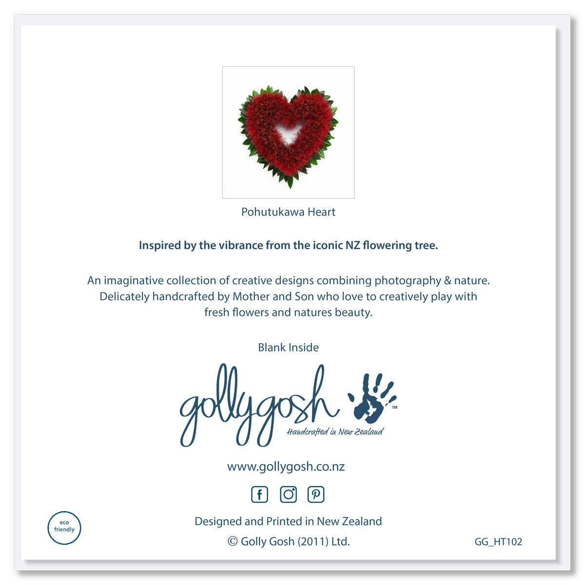 Back of a pohutukawa heart greeting card from Golly Gosh Creations. Size 142 x 142 mm. Crafted from the vibrant iconic New Zealand flowering tree.