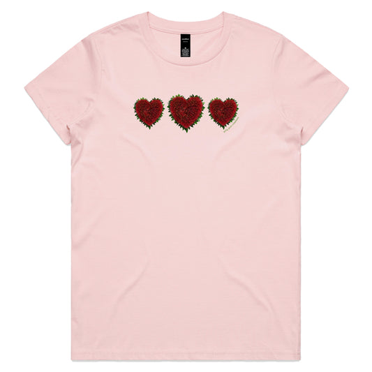 A pohutukawa hearts soft pink woman's tee shirt from Golly Gosh Creations. Crafted from the iconic NZ flowering tree. Sizes XS - 2XL. Quality cotton.