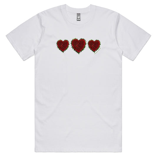 A pohutukawa hearts men's tee shirt from Golly Gosh Creations. Crafted from the iconic NZ tree. Sizes S - 5XL. A quality cotton white tee shirt.