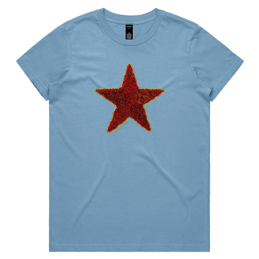 A pohutukawa star soft blue woman's tee shirt from Golly Gosh Creations. Crafted from the iconic NZ flowering tree. Sizes XS - 2XL. Quality cotton.
