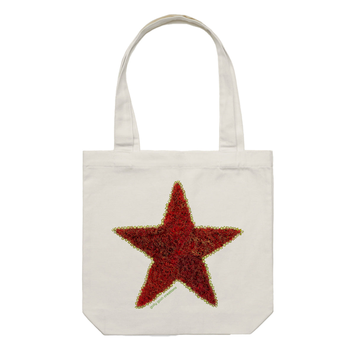A pohutukawa star cotton canvas tote bag from Golly Gosh Creations. Crafted from the iconic NZ tree buds. Colour cream.