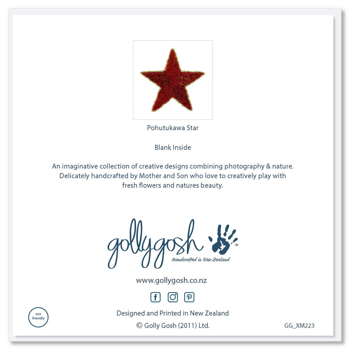 Back of a pohutukawa star greeting card found at Golly Gosh Creations. Size 142 x 142 mm. Crafted from vibrant flowers of the iconic New Zealand tree.