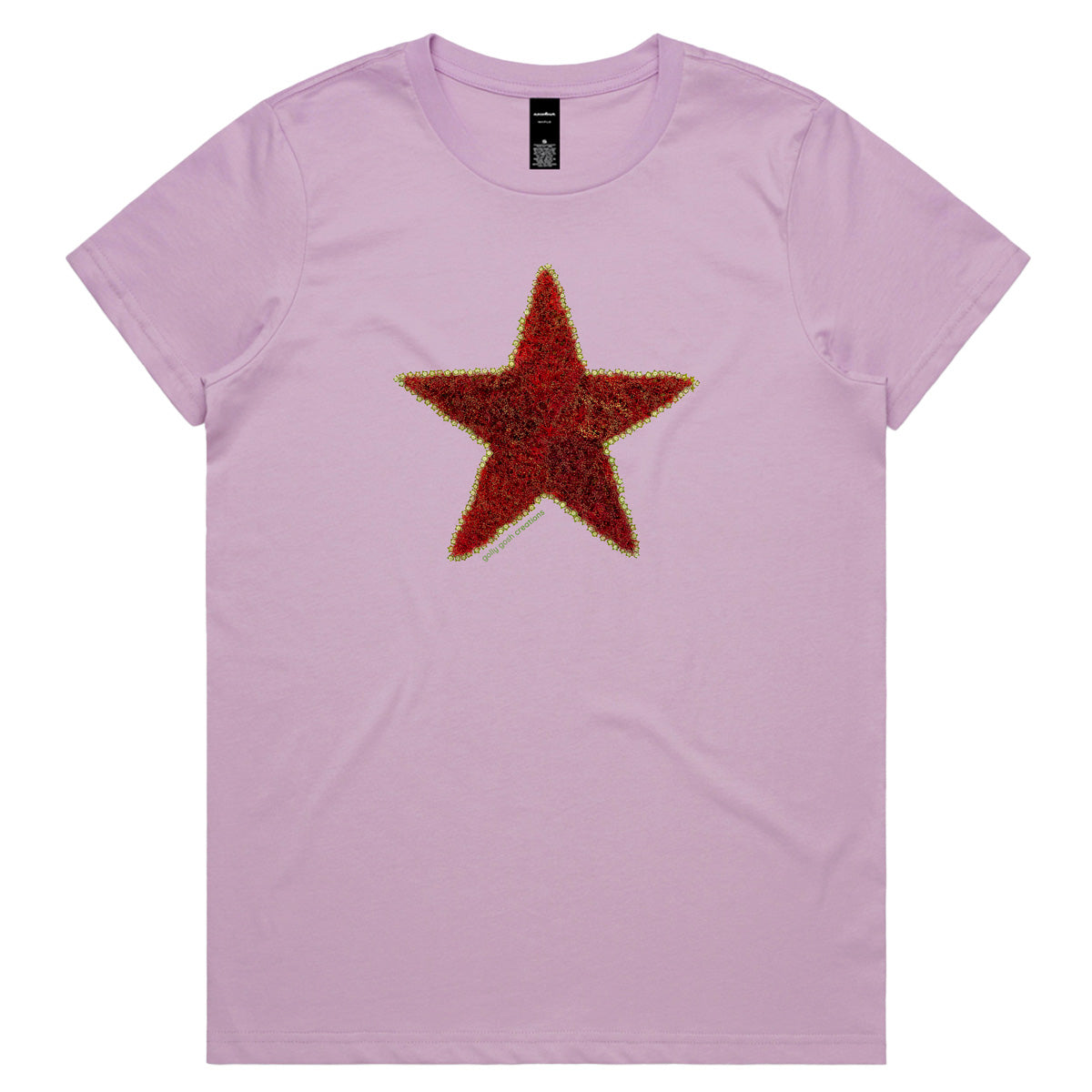 A pohutukawa star lavender coloured woman's tee shirt from Golly Gosh Creations. Crafted from the iconic NZ flowering tree. Sizes XS - 2XL. Quality cotton.