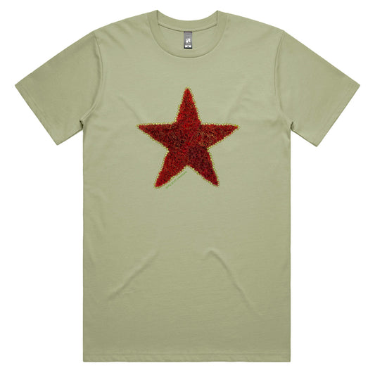A pohutukawa star pistachio coloured men's tee shirt from Golly Gosh Creations. Crafted from the iconic NZ tree. Quality cotton Sizes S - 5XL.