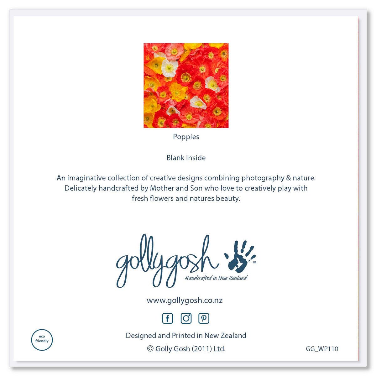 Back of a poppies greeting card from Golly Gosh Creations. Size 142 x 142 mm. A stunning arrangement of vibrant orange and yellow poppies.