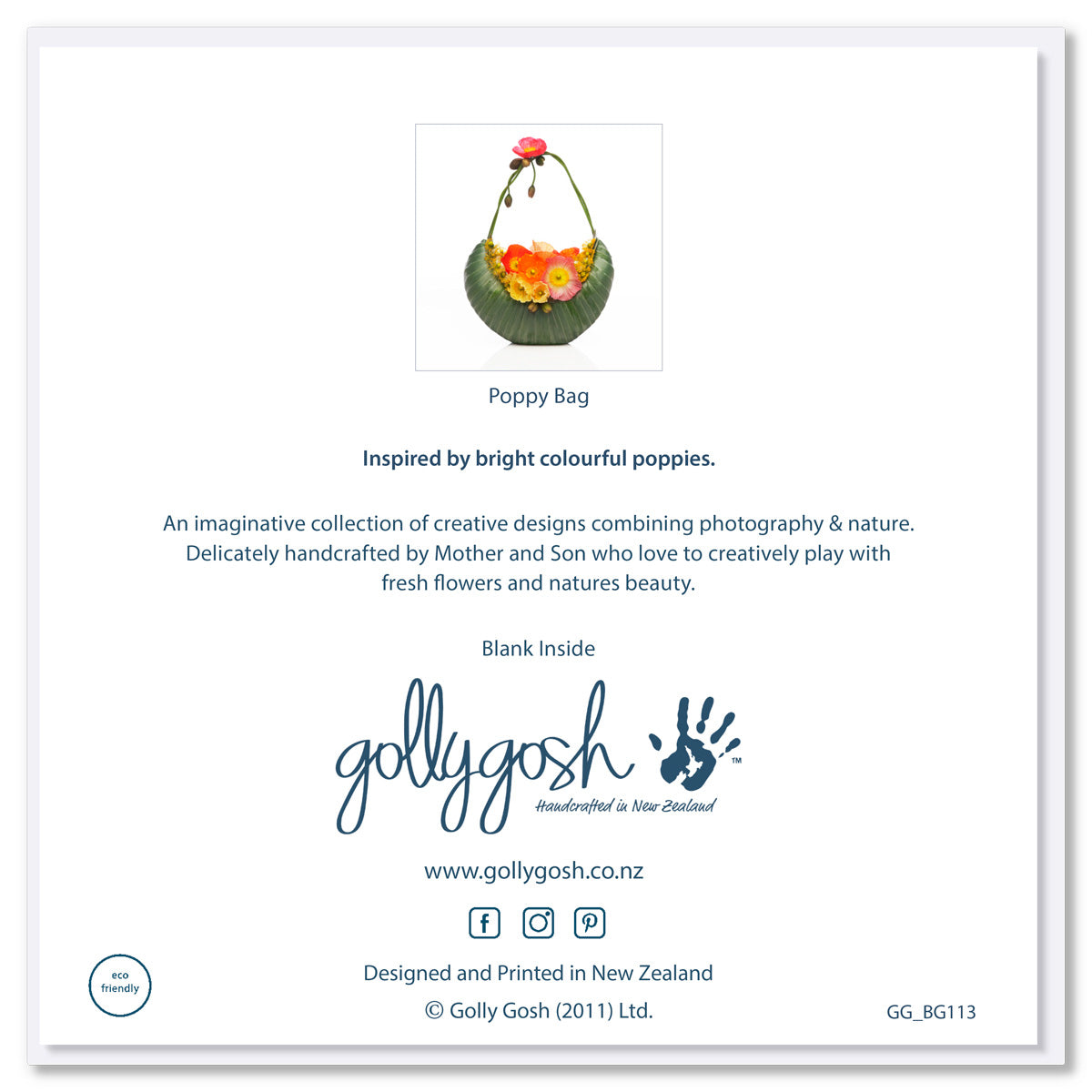 Back of a poppy bag greeting card from Golly Gosh Creations. Size 142 x 142 mm. Crafted from vibrant wild poppies and soft leucadendron leaves.