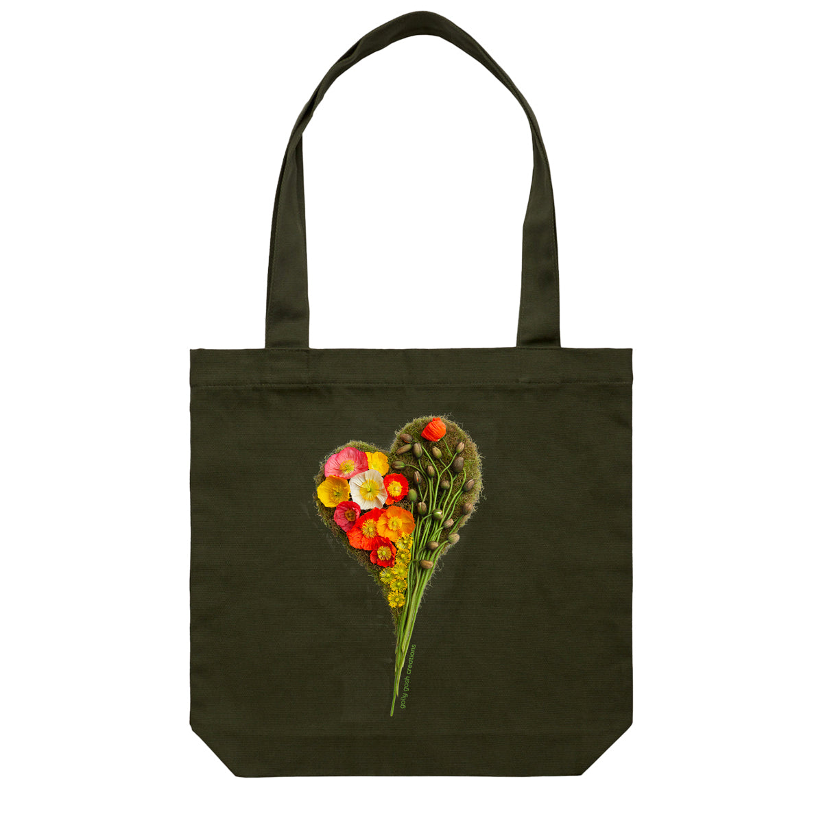 A poppy heart cotton canvas tote bag from Golly Gosh Creations. Handcrafted from vibrant fresh flowers. Colour dark green.