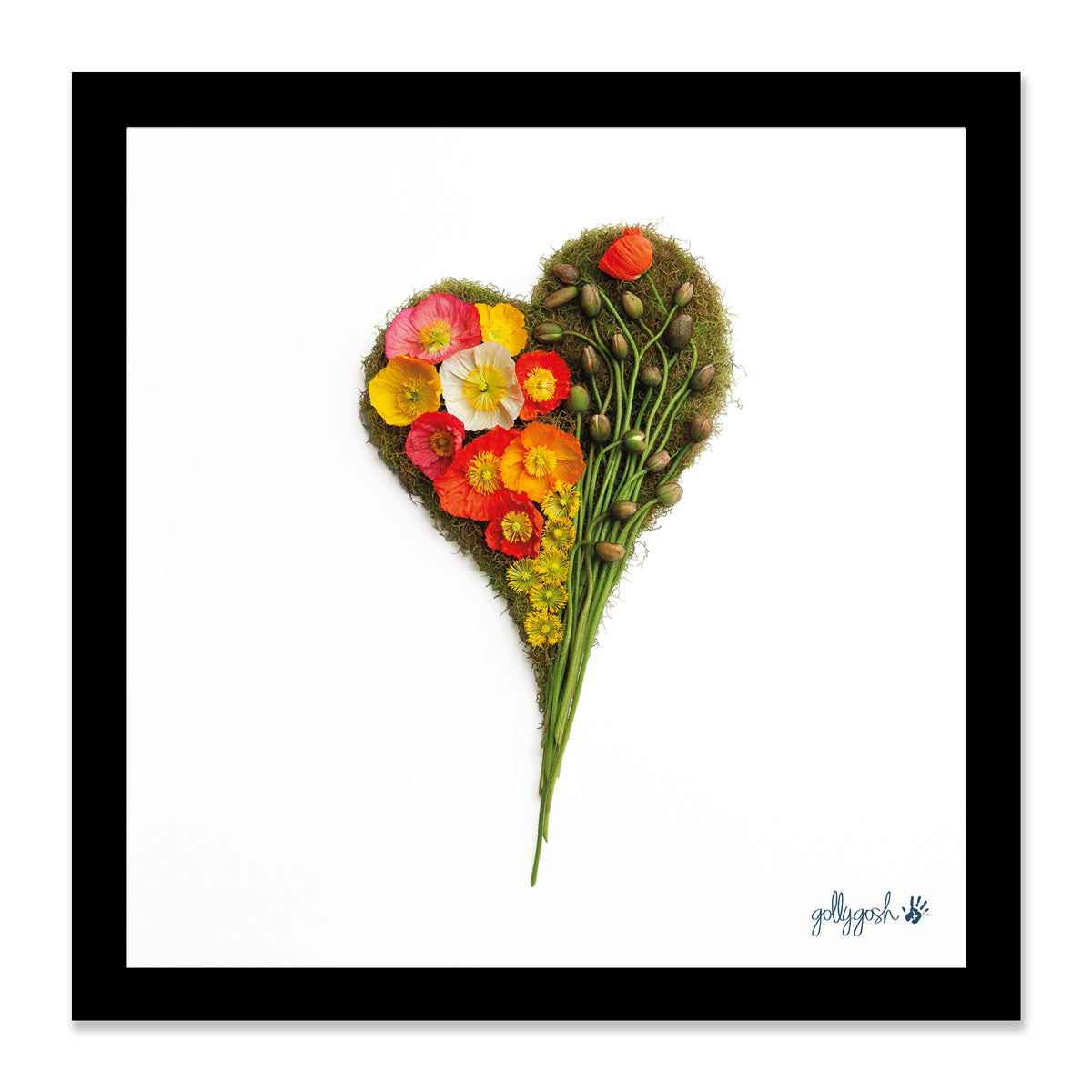 Mock up of a framed poppy heart fine art print from Golly Gosh Creations. Available in three sizes ready for framing.