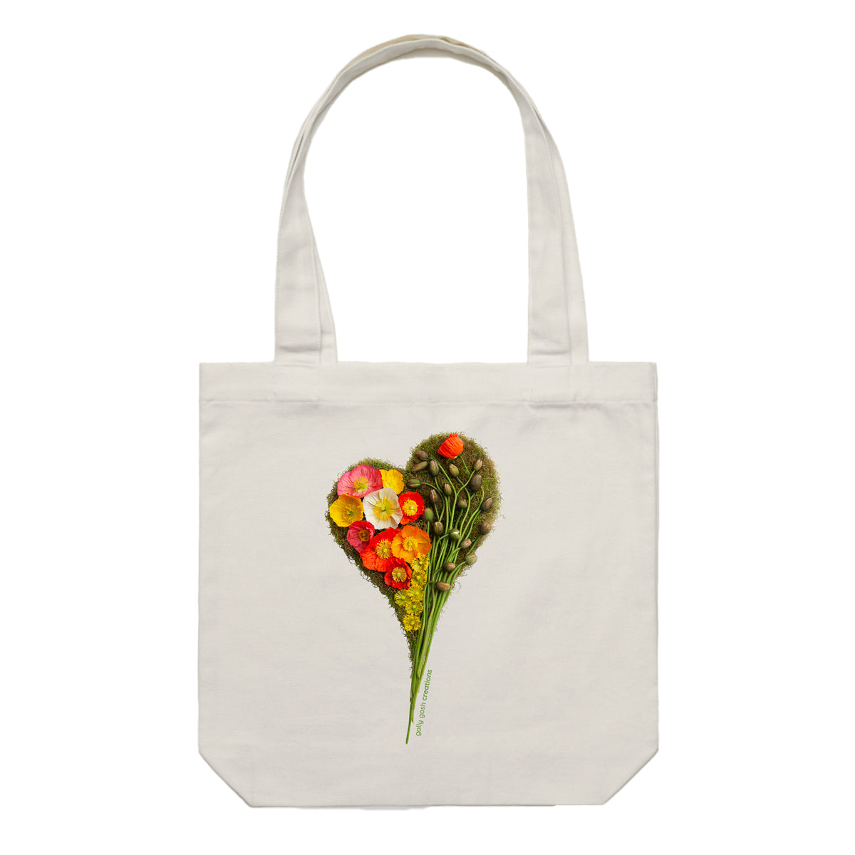 A poppy heart cotton canvas tote bag from Golly Gosh Creations. Handcrafted from vibrant fresh flowers. Colour cream.