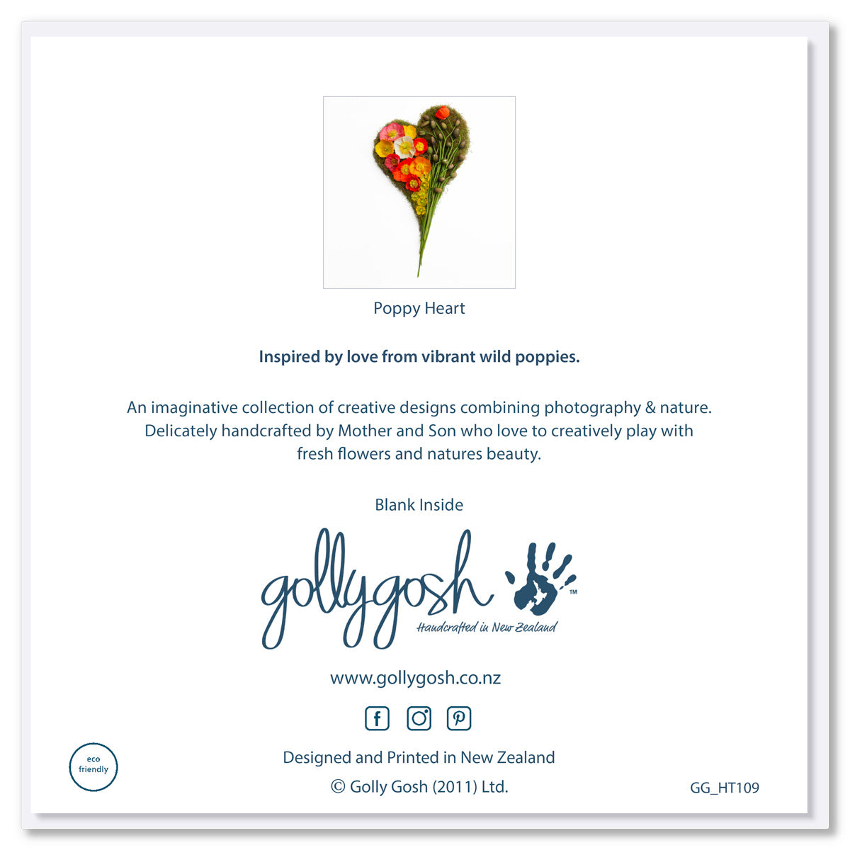 Back of a poppy heart greeting card from Golly Gosh Creations. Size 142 x 142mm. This handcrafted moss heart  is adorned with vibrant wild poppies and buds.