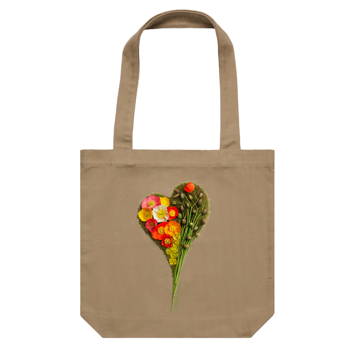 A poppy heart cotton canvas tote bag from Golly Gosh Creations. Handcrafted from vibrant fresh flowers. Colour khaki.