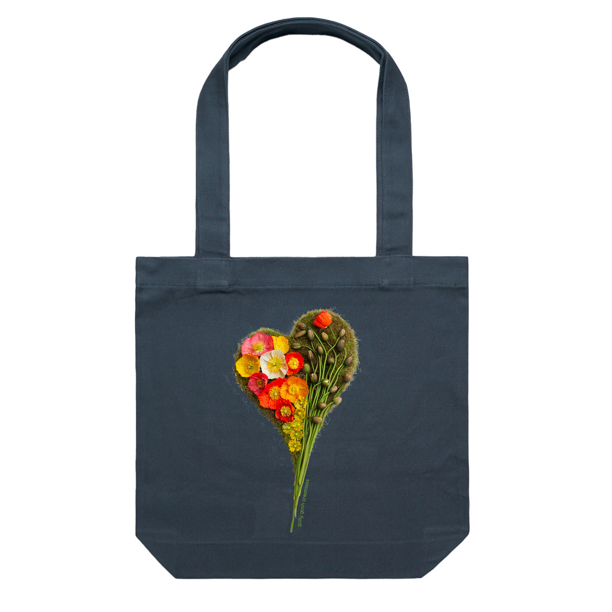 A poppy heart cotton canvas tote bag from Golly Gosh Creations. Handcrafted from vibrant fresh flowers. Colour dark blue.