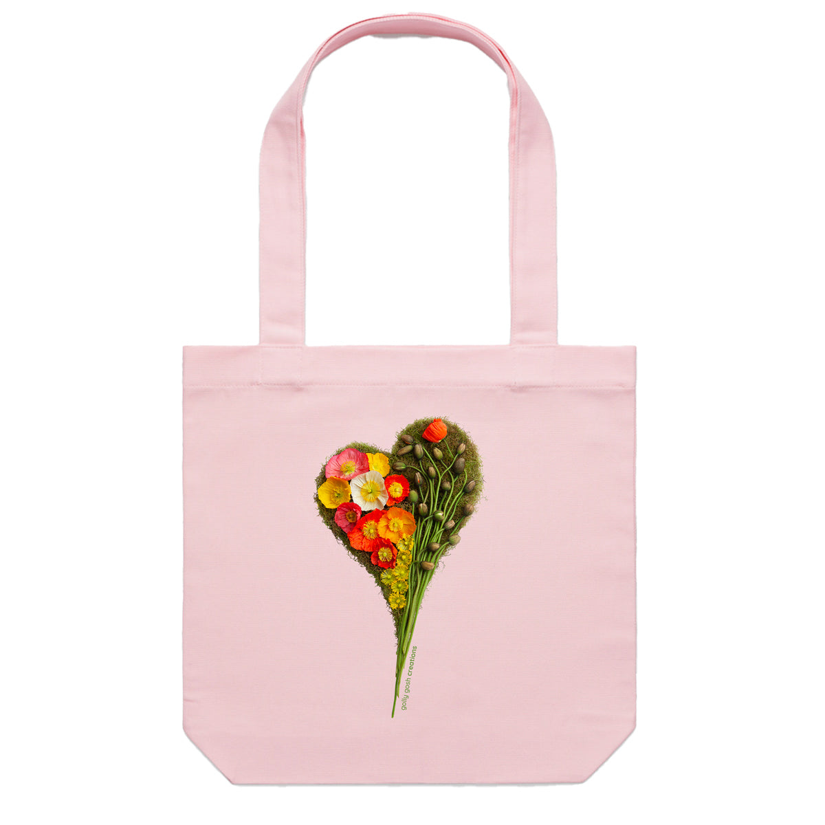 A poppy heart cotton canvas tote bag from Golly Gosh Creations. Handcrafted from vibrant fresh flowers. Colour pink.