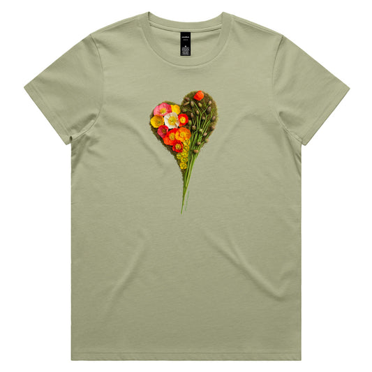 A poppy heart pistachio coloured woman's tee shirt from Golly Gosh Creations. Handcrafted from vibrant fresh flowers. Sizes XS - 2XL. Quality cotton.