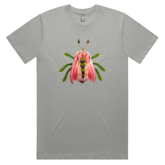 A protea bug men's tee shirt from Golly Gosh Creations. Crafted from colourful elongated petals. Sizes S - 5XL. A quality cotton grey tee shirt.