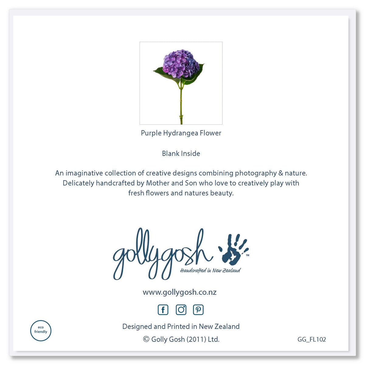 The back of a purple hydrangea flower greeting card by Golly Gosh Creations. Size 142 x 142 mm. A stunning flower on a white background.