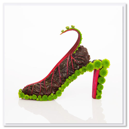 A red beet shoe greeting card by Golly Gosh Creations. Size 142 x 142 mm.  Created from stunning red beet leaves and dainty green flowers.