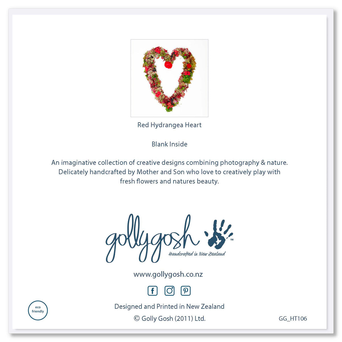 Back cover of a red hydrangea heart from Golly Gosh Creations. Size 142 x 142 mm. Created from red hydrangea petals and green foliage.