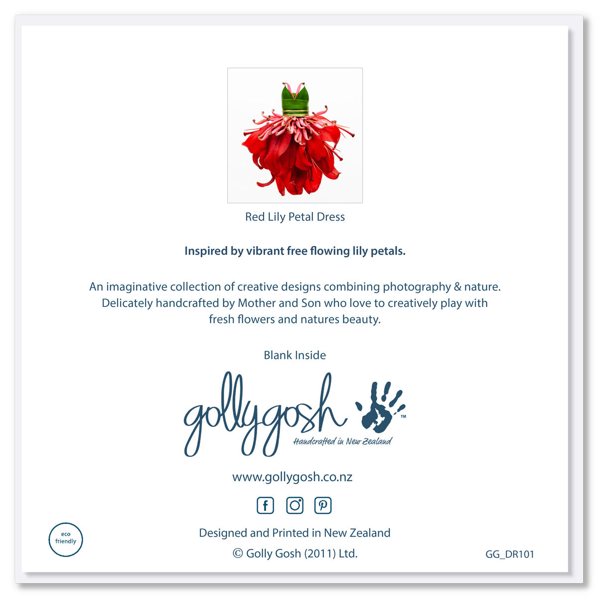 Back cover of a red lily petal dress by Golly Gosh Creations. Crafted from vibrant cascading lily petals and stamens. Size 142 x 142 mm.